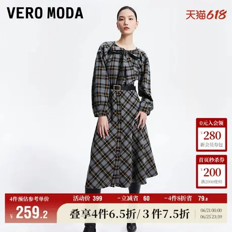 Vero Moda奥莱连衣裙春秋新款复古格纹高腰显瘦灯笼袖裙子流行图片