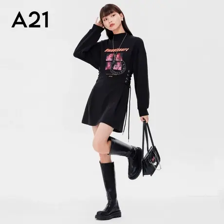 A21女装针织半高领落肩长袖直筒短连衣裙图片
