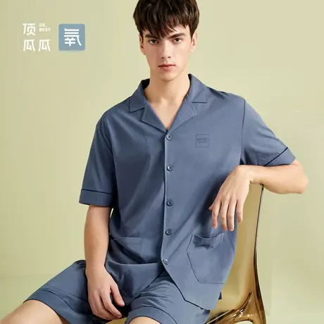 顶瓜瓜男士纯棉睡衣夏新开衫简约舒适棉质家居服透气凉爽短袖套装图片