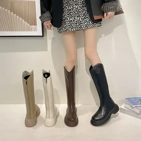 长筒靴女不过膝2024秋冬新款百搭V口厚底小个子长靴女高筒骑士靴商品大图