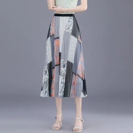 印花百褶网纱裙半身裙女夏季2023新款松紧腰显瘦垂感中长款a字裙图片