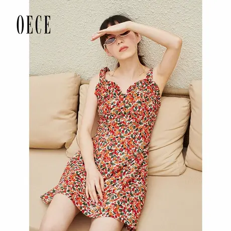 Oece夏装新款女装 法式少女感小碎花甜美复古修身吊带连衣裙图片