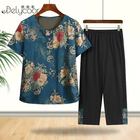 中年妈妈夏季新款休闲时尚棉绸套装奶奶短袖老人夏装女衣服两件套图片