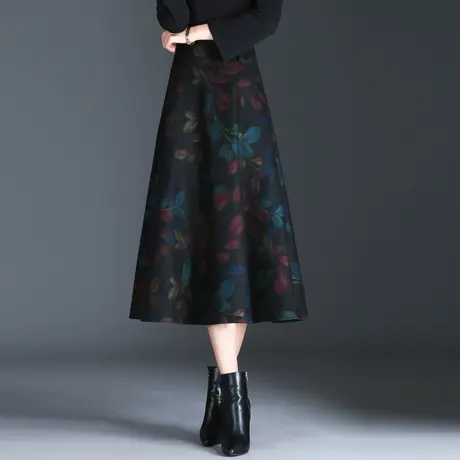 毛呢半身裙女长裙2023秋冬高腰花色a字裙厚款中长裙印花裙大摆裙图片