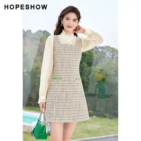 红袖outlets香风收腰背带裙hopeshow2023春季新款女装方领连衣裙图片
