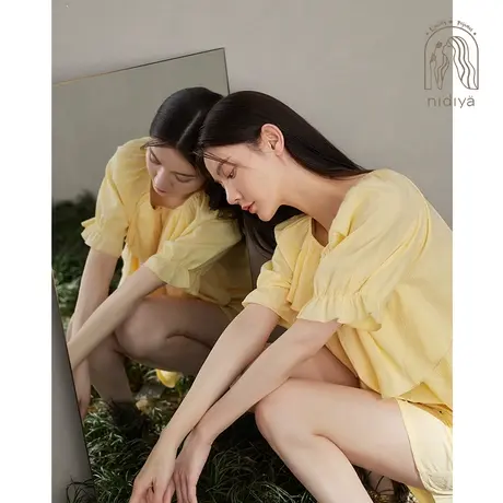 妮狄娅2024睡衣女夏季纯棉短袖法式方领甜美时尚可外穿家居服套装图片