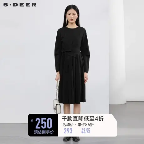 sdeer圣迪奥春装圆领收腰拼接不规则黑色连衣裙S22161216图片