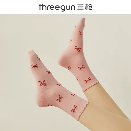 三枪袜子女中筒袜3A抑菌春秋季可爱蝴蝶结女士无骨棉袜秋冬长筒袜图片