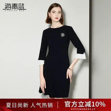 海青蓝洋气减龄纯色显瘦裙子2024春季新款轻熟风七分袖圆领连衣裙图片