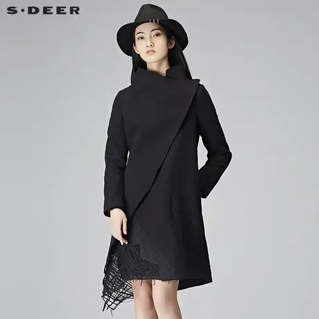 sdeer圣迪奥2018冬装底部镂空斜襟长款毛呢大衣外套女S17481878图片