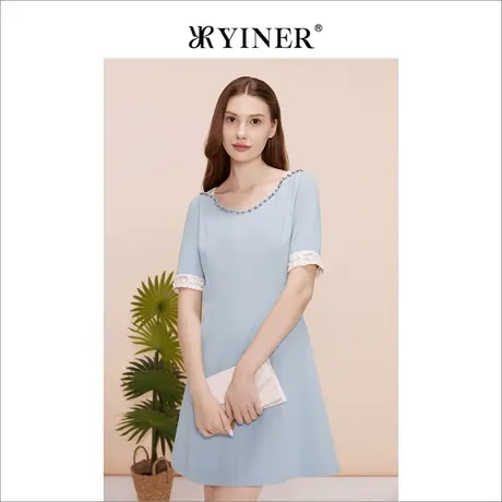 YINER音儿专选女装夏季都市风通勤撞色钉珠连衣裙图片