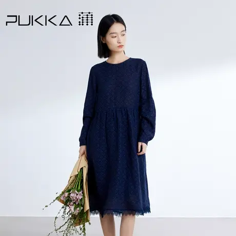 蒲PUKKA 2024春夏新品重工艺法式蕾丝花边亚麻印花气质显瘦连衣裙图片