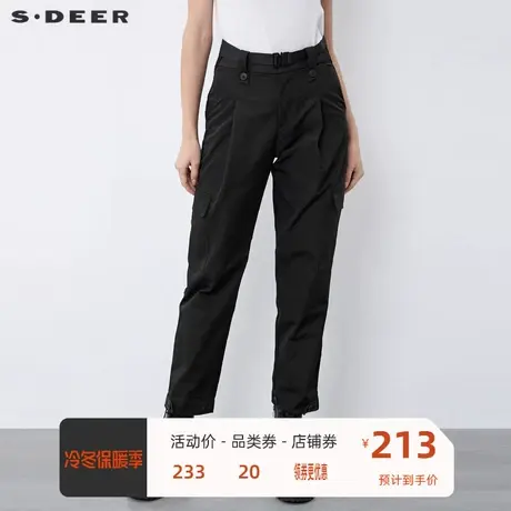 sdeer圣迪奥女装冬个性腰带拼接立体口袋工装黑色长裤S21480834商品大图