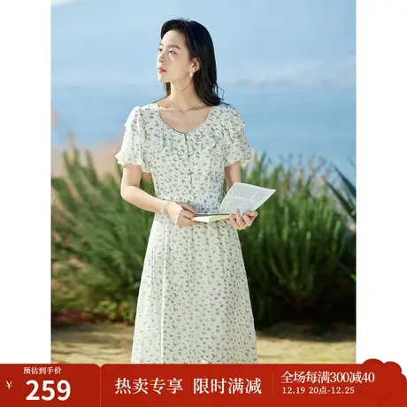 茵曼2023夏女装新款优雅温柔拼接花边兜袖腰带收腰A字碎花连衣裙图片