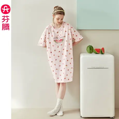 芬腾睡裙女纯棉夏季短袖薄款透气中长裙可爱卡通甜美韩版少女睡衣图片