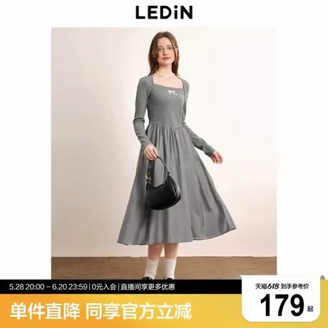 乐町针梭拼接长袖连衣裙年秋季新款蕾丝蝴蝶结方领收腰显瘦长裙图片