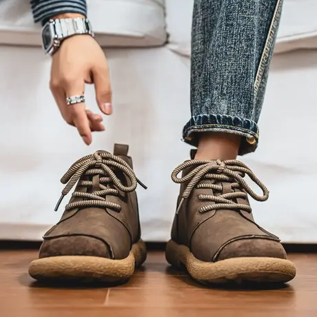 男鞋秋季高级感复古增高防水马丁靴男款潮流百搭休闲工装皮软底鞋图片