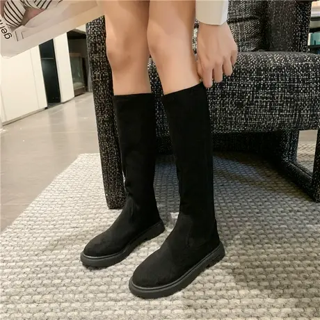 绒面显瘦弹力靴女2024年新款不过膝长靴瘦瘦靴圆头平底高筒骑士靴商品大图