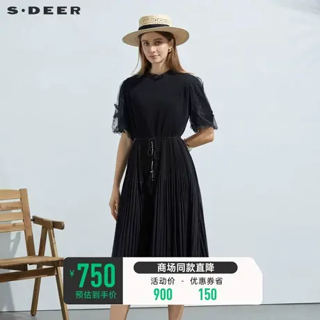 sdeer圣迪奥女装木耳边圆领收腰网纱绣花连衣裙S23281216图片