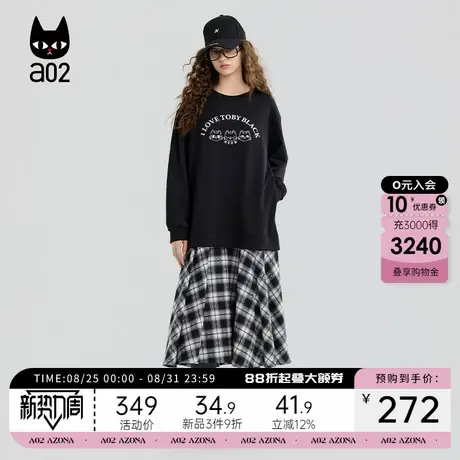 a02黑猫系列黑色假两件连衣裙女2025新款秋季宽松设计感卫衣裙子图片