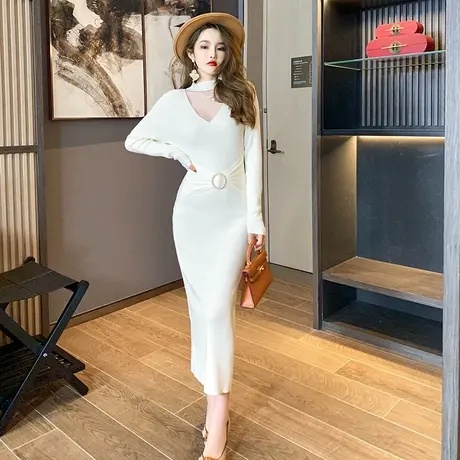 法式镂空V领毛衣针织裙秋季显瘦内搭过膝长裙修身包臀礼服连衣裙图片