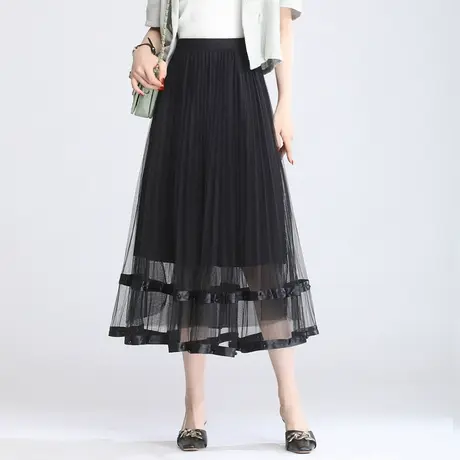 垂感钉珠网纱裙女2023春秋新款半身裙中长款显瘦百褶a字裙大摆裙图片