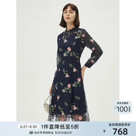 朗姿轻礼服蕾丝印花木耳领边连衣裙女商场同款早春气质女装设计感图片