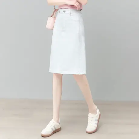 拉夏贝尔休闲时尚开叉牛仔A字裙女2025夏季中长薄款半身裙包臀裙图片