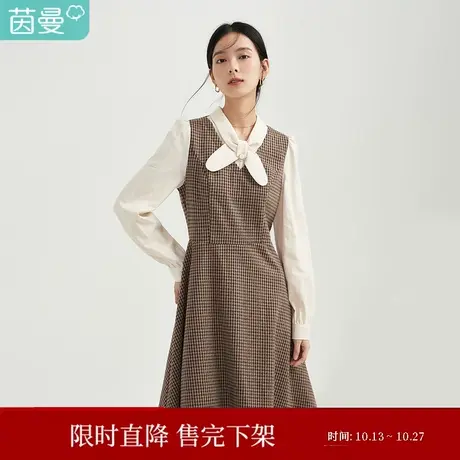 【商场同款】茵曼蝴蝶结女2023冬季新款学院风百搭格纹甜美连衣裙图片
