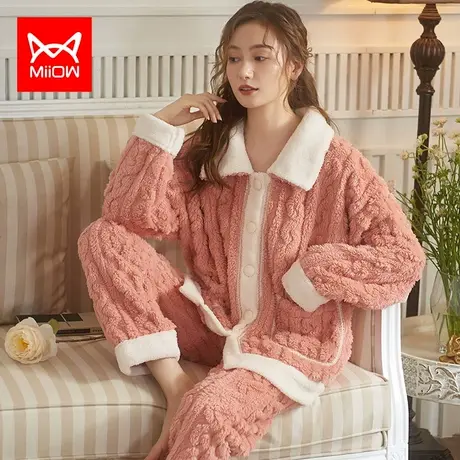 猫人翻领睡衣女士珊瑚绒长袖加厚秋冬季保暖法兰绒家居服套装冬季商品大图