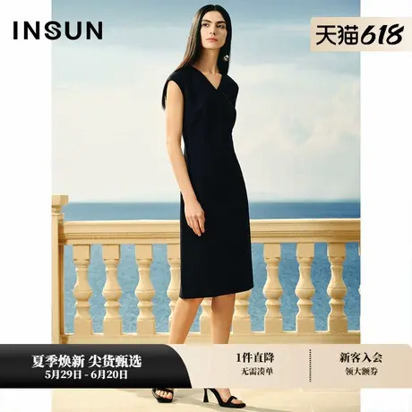 INSUN恩裳专选春季优雅小包袖斜纹气质连衣裙图片