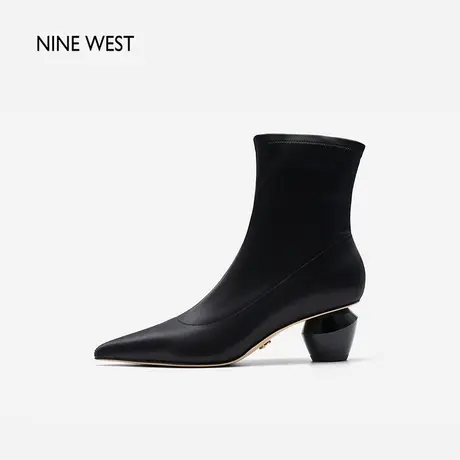 Nine West/玖熙茶话会2023冬新款尖头弹力丝绸瘦瘦靴个性气质短靴图片