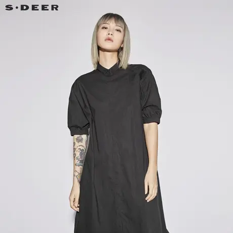 sdeer圣迪奥2019新款女夏装翻领抽绳长款开衩衬衫连衣裙S18281246图片