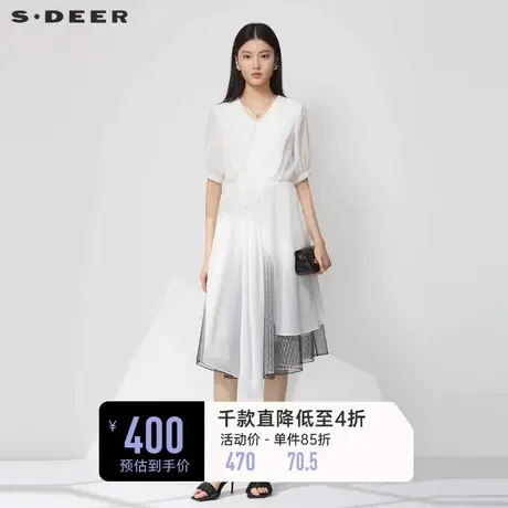 sdeer圣迪奥女装V领收腰撞色网纱雪纺连衣裙S232Z12W9图片