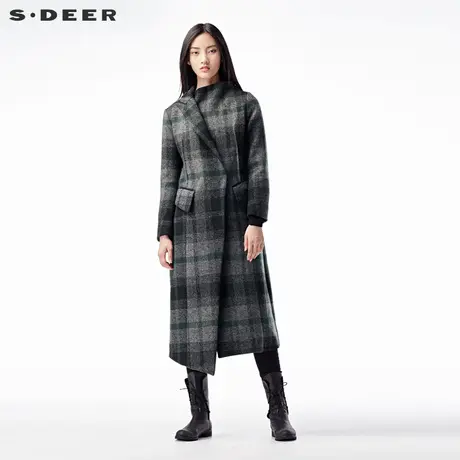 sdeer圣迪奥女2018冬装不对称经典格纹帅气长款毛呢大衣S16881873图片