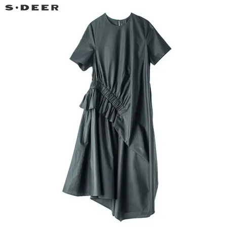 sdeer圣迪奥2019新款女装夏装圆领高腰褶裥全棉连衣裙S18281230图片