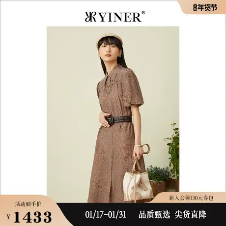 YINER音儿女装2022夏季高腰法风波点真丝连衣裙图片