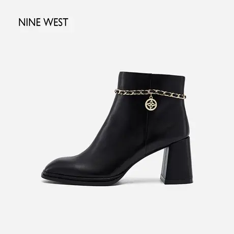 Nine West/玖熙粗跟方头链条99饰扣瘦瘦靴2023冬新款气质通勤短靴图片
