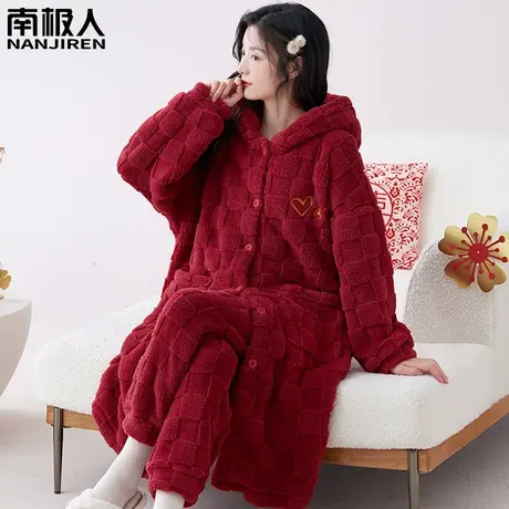 睡衣女款冬季珊瑚绒加绒加厚红色本命年浴袍韵味家居服睡袍秋冬款图片