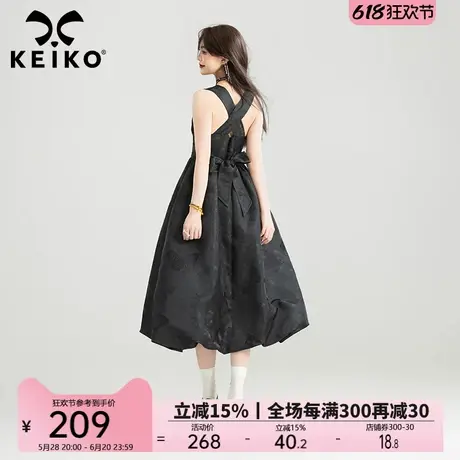 KEIKO 蝶纹提花吊带连衣裙夏季芭蕾风黑色绑带蝴蝶结露背花苞长裙图片