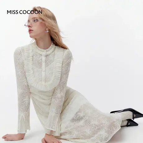 【七七酱专享】MISSCOCOON立体蝴蝶紫色裙子千金风蕾丝连衣裙图片