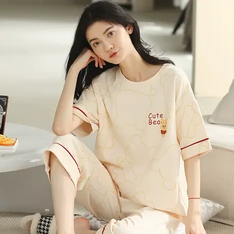 南极人睡衣女士春秋夏季纯棉短袖七分裤薄款家居服套装2023年新款商品大图