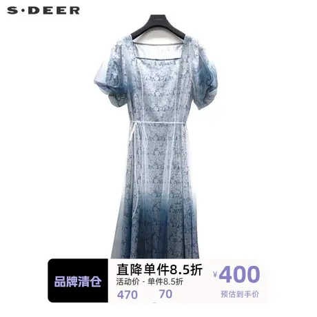 sdeer圣迪奥女装方领碎花收腰网纱泡泡袖连衣裙S223Z12Z7图片