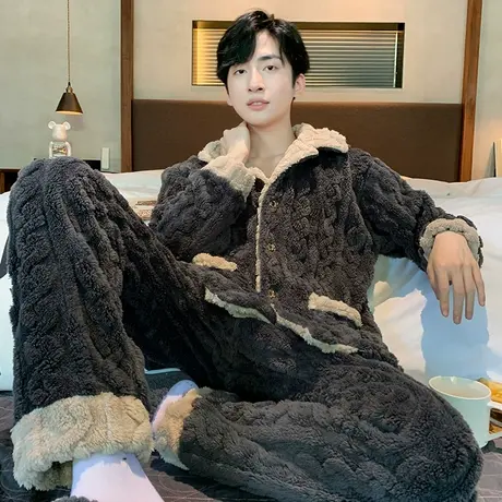 睡衣男珊瑚绒2023新款秋冬款秋冬季家居服男士套装法兰绒加绒加厚图片