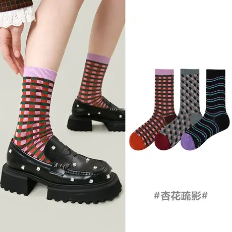 秋冬款2023女袜拼色条纹设计中筒袜精梳棉3双组合装ins潮加厚袜子图片
