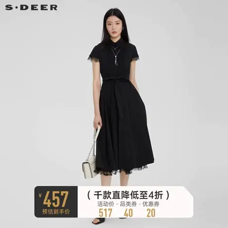 sdeer圣迪奥女装风琴褶网纱收腰蕾丝衬衫连衣裙S232Z12D7图片