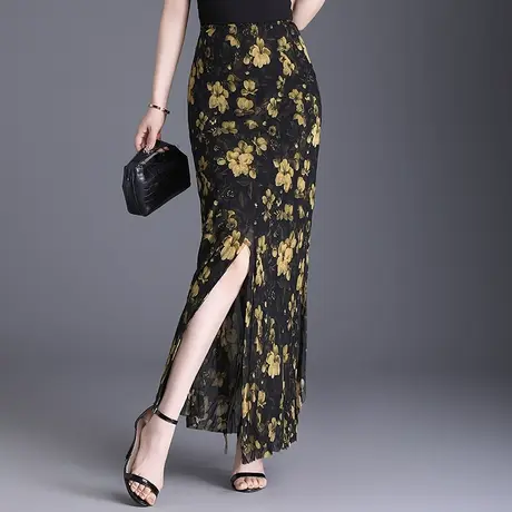 复古开叉碎花包臀半身裙女士2025夏季新款设计感修身一步裙长裙子图片
