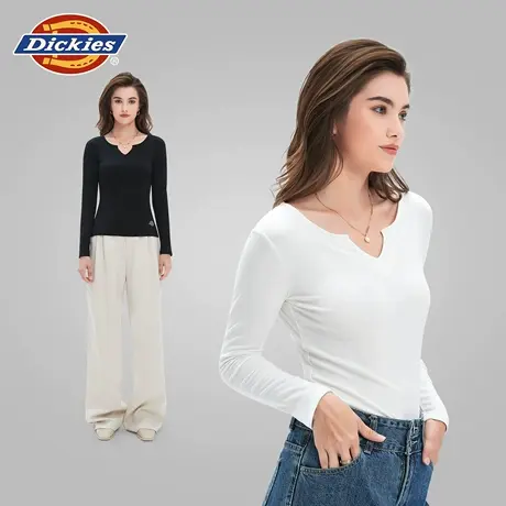 Dickies白色打底衫女款2025新款秋小V领舒适潮流上衣女士内搭t恤图片