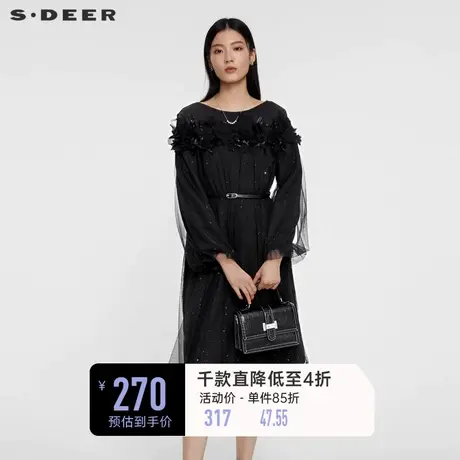 sdeer圣迪奥女装圆领收腰网纱灯笼袖连衣裙S231Z1242图片