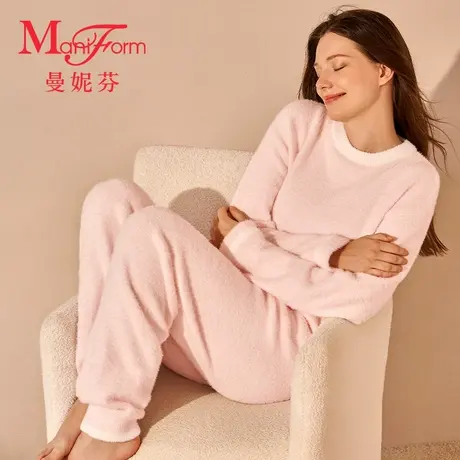 曼妮芬半边绒休闲家居套装圆领长袖长裤女士起居服20320591图片